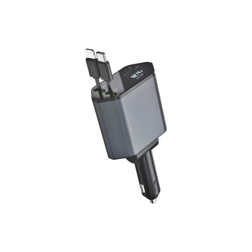 Incarcator auto XO SMART cu cabluri retractabile ,voltmeru, iesire USB-A si USB tip C  Cod: XO-CC62 2