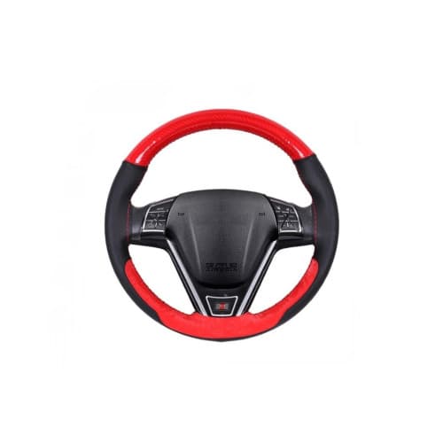 Husa volan cu ac si ata piele cu gaurele marime M culoare rosu si carbon cusatura rosie Premium Cod: LUXFST02 2