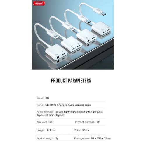 Cablu adaptor 2 in 1: incarcare + jack 3,5mm compatibil Lighting (Iphone) COD:XO-NB-R172B 2