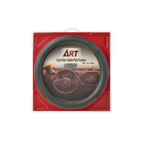 Husa volan auto premium imitatie piele M 38 cm negru cu linie galbena Cod: WPU02A 3