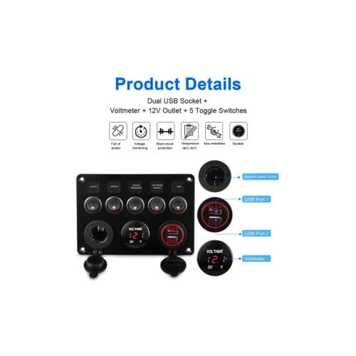 Panou de comutatoare cu priză, voltmetru, 5 întrerupătoare și port USB 12V 20A Cod: SPA37 3