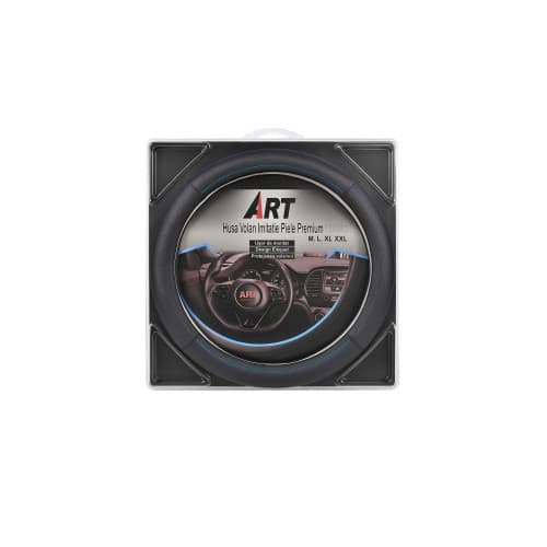 Husa volan premium imitatie piele 38 cm negru cu linie albastra Cod: WPU02C 3