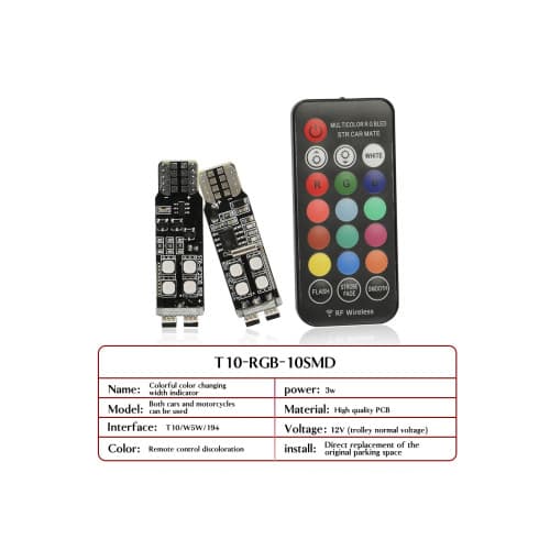 Set 2 becuri pozitie RGB T10 cu telecomanda 10 LED SMD2835 12V Cod: ZC-RF1 3