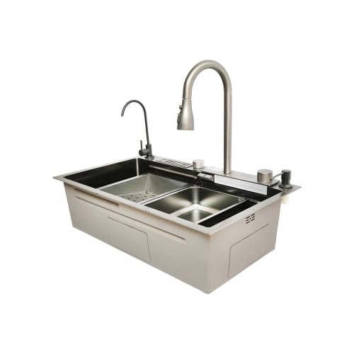 Chiuveta bucatarie multifunctionala cu doua baterii, otel inoxidabil, afisaj digital temperatura, functie cascada, dozator sapun, scurgator, tava, tocator si accesorii scurgere incluse, 75x46x23.5cm Cod: DISMT04 2