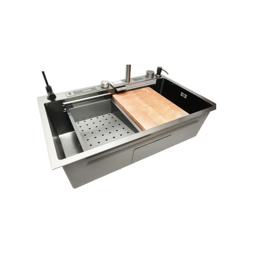 Chiuveta bucatarie multifunctionala cu doua baterii, otel inoxidabil, afisaj digital temperatura, functie cascada, dozator sapun, scurgator, tava, tocator si accesorii scurgere incluse, 75x46x23.5cm Cod: DISMT04 4