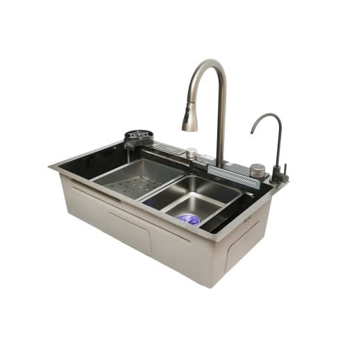 Chiuveta bucatarie multifunctionala cu doua baterii, otel inoxidabil, afisaj digital temperatura, doua cascade, spalator pahare, scurgator, tava, tocator si accesorii scurgere incluse, 75x46x23.5cm Cod: DISMT03 2