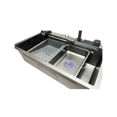 Chiuveta bucatarie multifunctionala cu doua baterii, otel inoxidabil, afisaj digital temperatura, doua cascade, spalator pahare, scurgator, tava, tocator si accesorii scurgere incluse, 75x46x23.5cm Cod: DISMT03 4