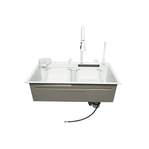 Chiuveta bucatarie otel inoxidabil cu doua baterii, functie cascada, spalator pahare, dozator sapun, scurgator, tava, tocator si accesorii scurgere incluse, 75x46x23.5cm Cod: DISPK13