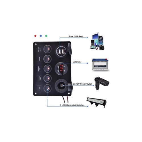 Panou de comutatoare cu priză, voltmetru, 5 întrerupătoare și port USB 12V 20A Cod: SPA37 4