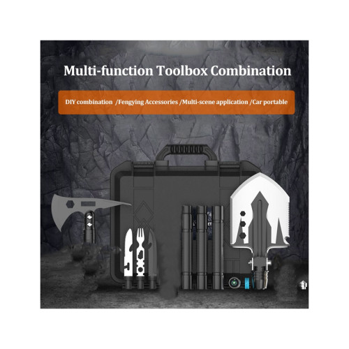 Set lopata pliabila multifunctionala in cutie depozitare (lopata,topor,tarnacop,ciocan,cutit,busola,furculita) Cod: CRG-TD14-F4