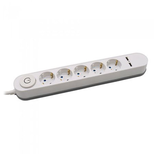 Prelungitor 5 Intrari Intrerupator iluminat & 2 Port-uri USB 3G 1.5mm x 3m Alb