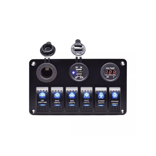 Panou cu voltmetru, USB, priză 12V și 6 întrerupătoare Cod: SP10