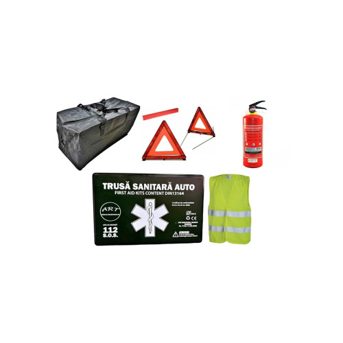 Kit siguranta auto complet trusa cutie neagra 2 triunghiuri stingator vesta geanta