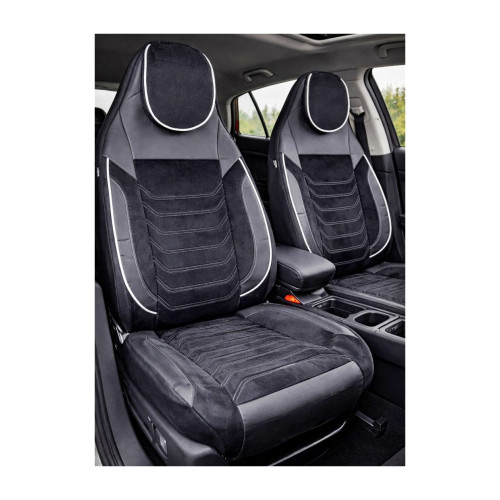 Huse scaune auto universale fractionate Premium cu tetiera fata incorporata negru cu cusatura alba Cod: HNG-C509-1
